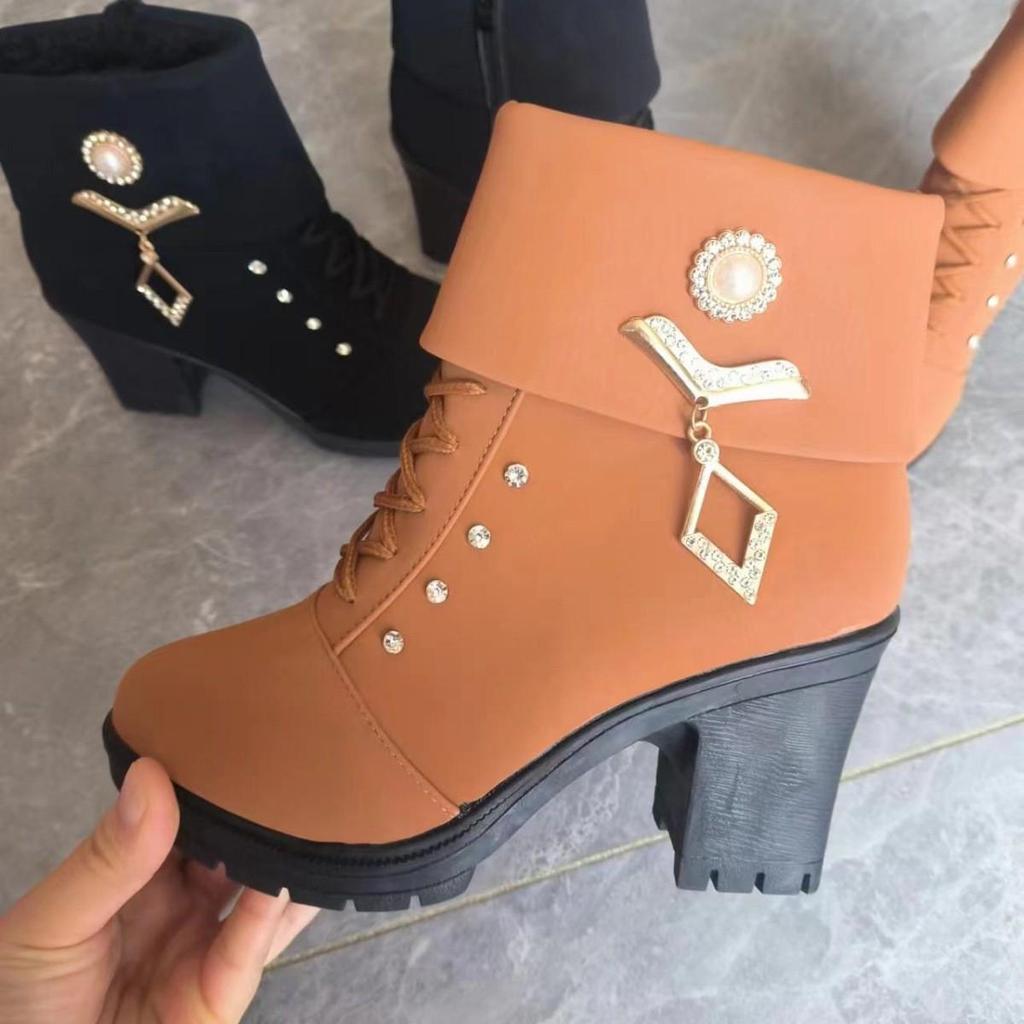 Plus Size Rhinestone Martin Boots 2024: High Heel, Warm Cotton, Side Zipper Women's Fashion Boots for Autumn/Winter