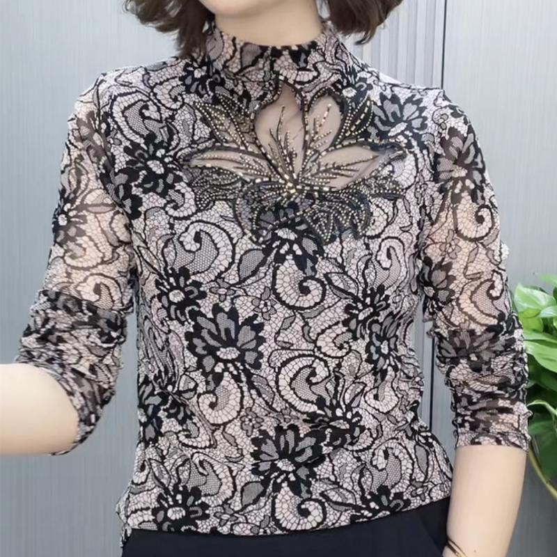 Nuova Maglietta Primaverile a Collo Semi Alto con Maniche Lunghe e Dettagli Cut-Out per Donna Versatile Elegante Top con Strass