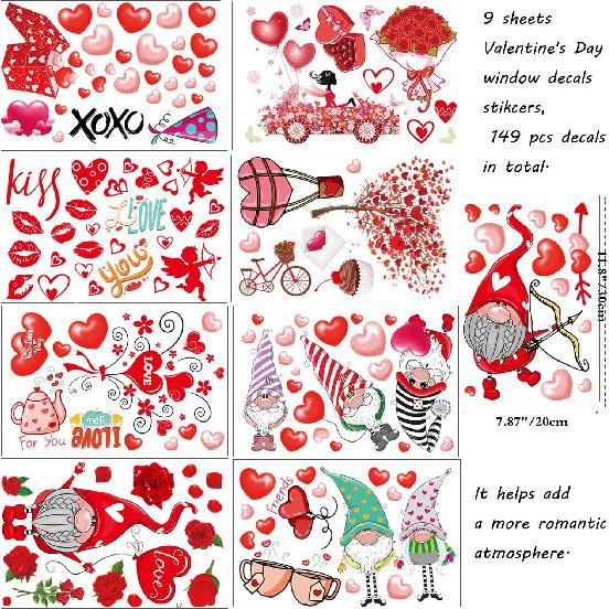 149Pcs Valentine's Day Window Clings Decorations Heart Decal Party Ornaments Supplies 9 Sheets Removable Vinyl Window Sticker Decals for Home,