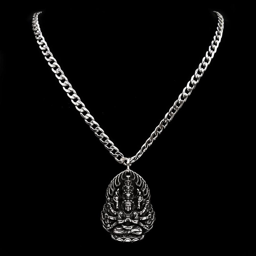 Collana Ciondolo Vintage Buddista Guanyin dalle Mille Braccia per Donne Uomini Catena in Acciaio Inossidabile 316L Colore Argento Gioielli Amuleto