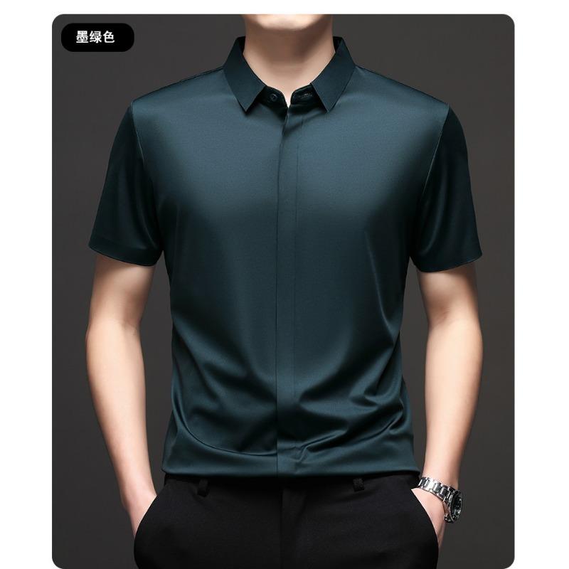 Summer Men Silk Blend Short Sleeve Shirt Solid Color Business