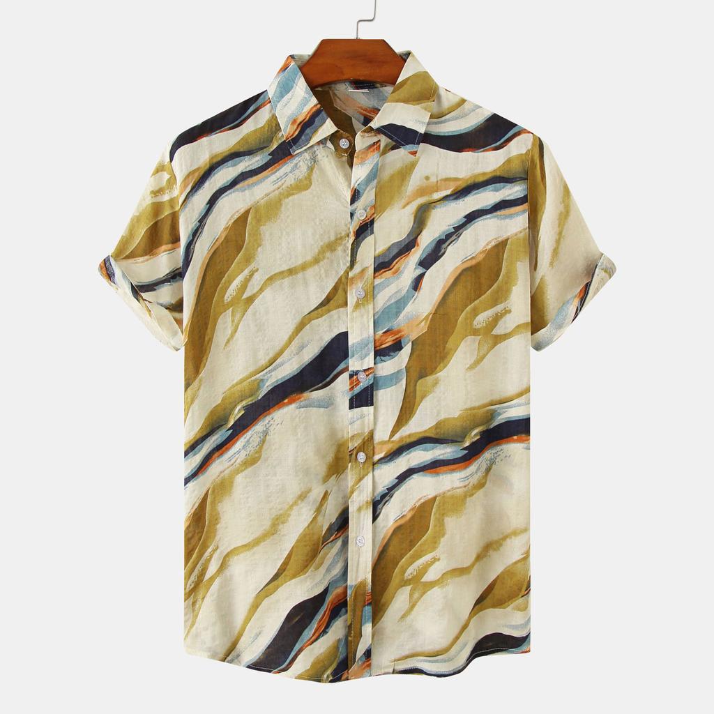 Men's Hawaiian Fashion Resort Print Short Sleeve Top Beach Button Up Shirt