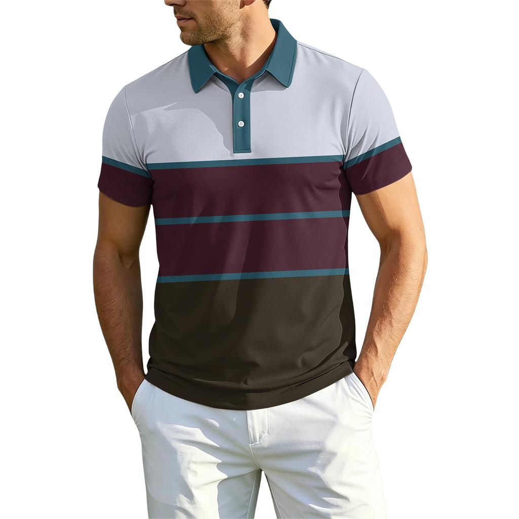 Men's Short Sleeve Polo Shirt Classic Fit Striped Print with Collar and Button Placket Casual Top