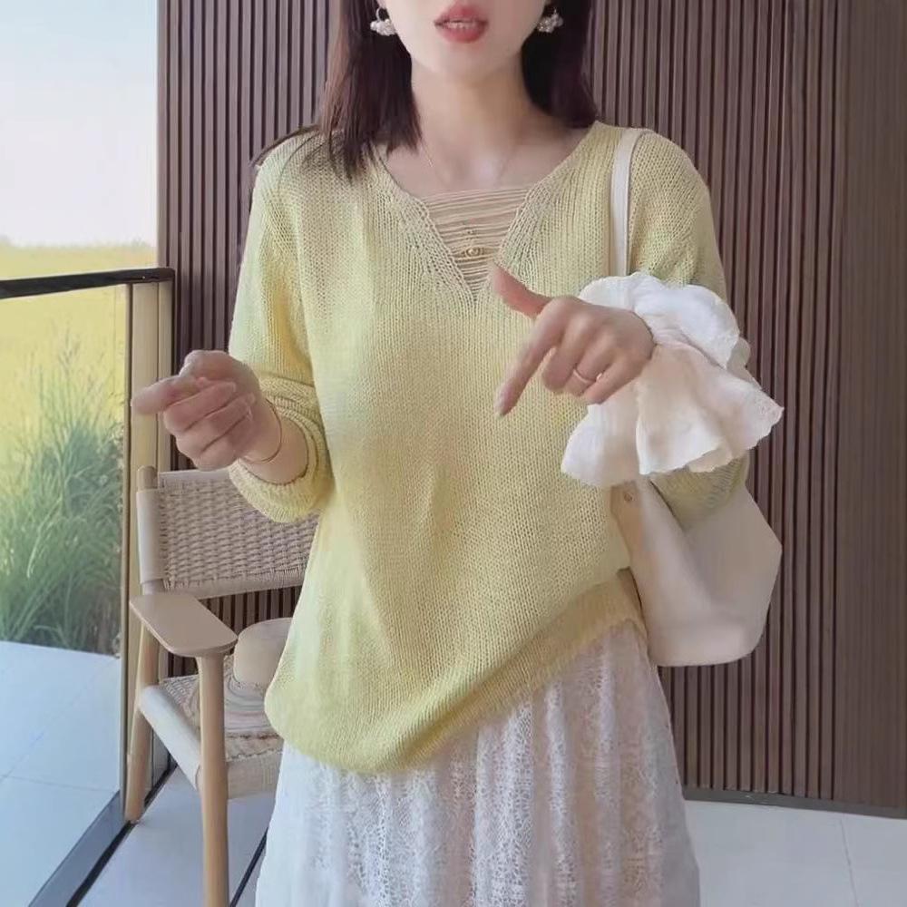 Simple and Gentle V-neck Hollow Knitted Sweater Women's Spring and Summer Thin Long-sleeved Sunscreen Blouse Lazy Loose Top Women