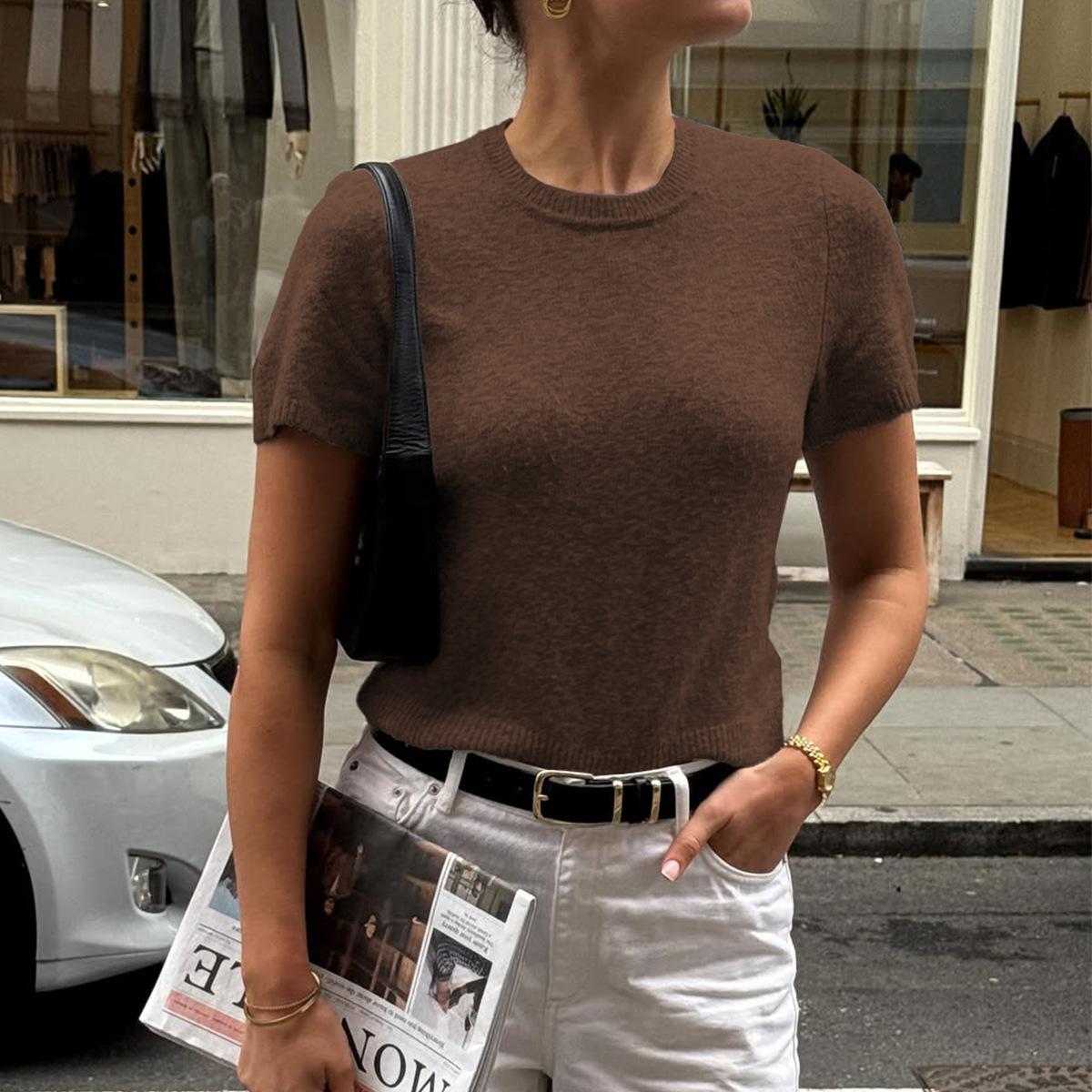 

Casual Simple Short-sleeved Fashion T-shirt Woolen Women s Clothing 2025 Autumn and Winter XL коричневий