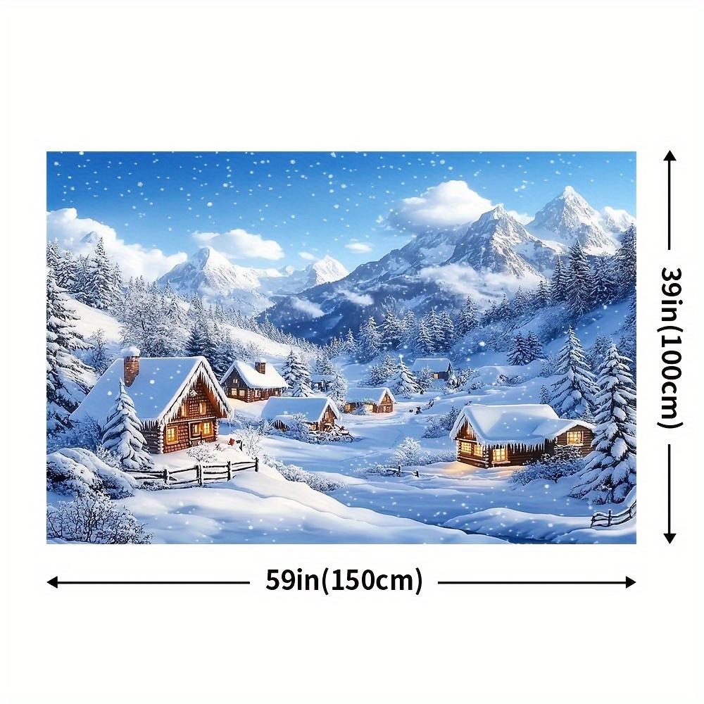 A winter Christmas village polyester background with a snow-covered cottage suitable for festive party decoration