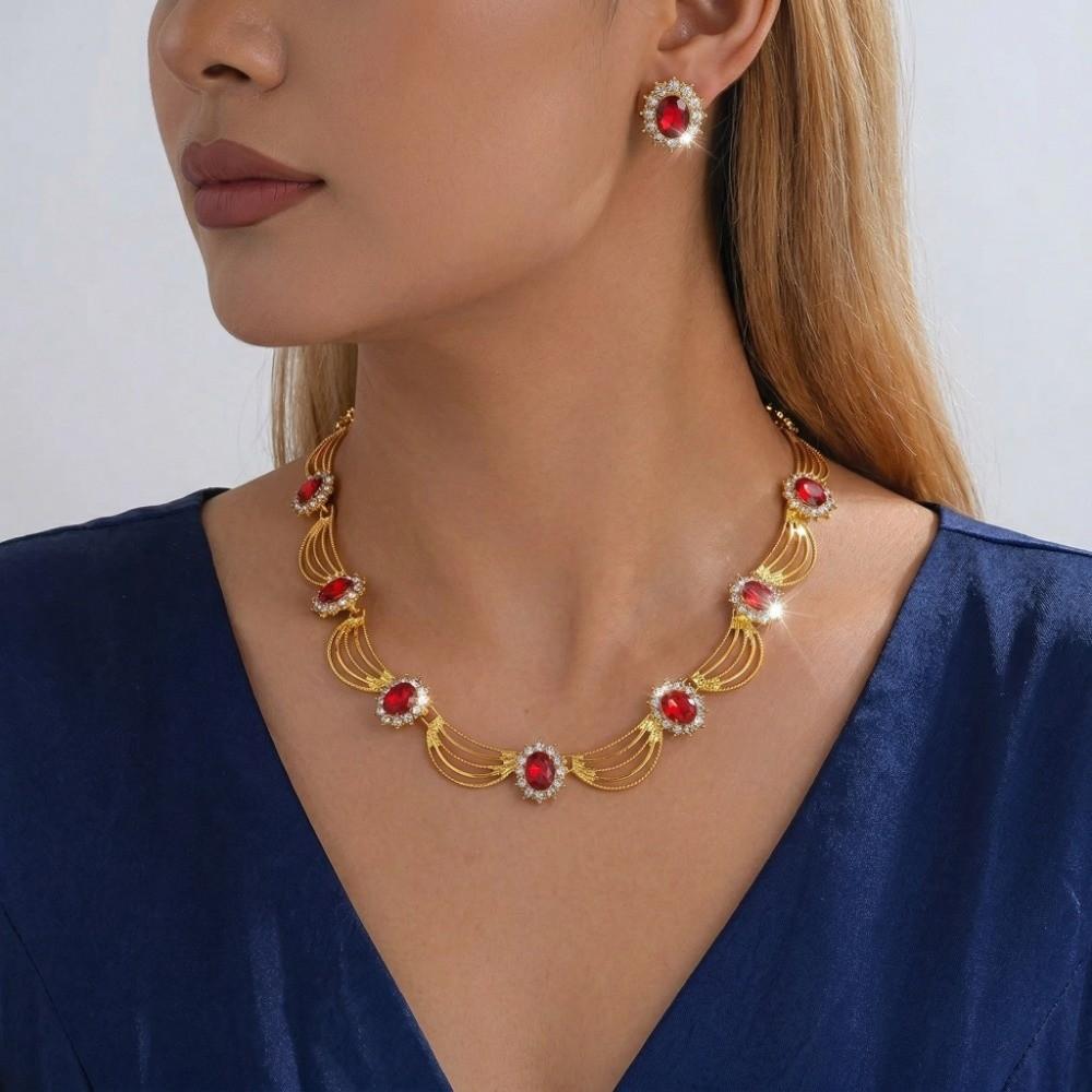 Gold-Tone Gemstone Necklace Set Geometric Statement Jewelry Set Earring Matching Set  Women