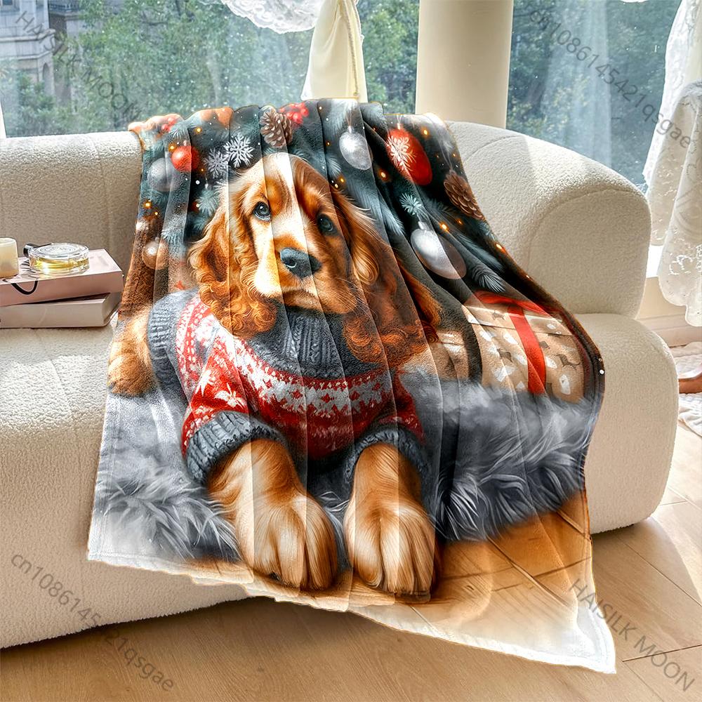 1PC Christmas Themed Cocker Spaniel Print Blanket Flannel Material Soft Warm for All Seasons, Home Outdoor Camping Picnics