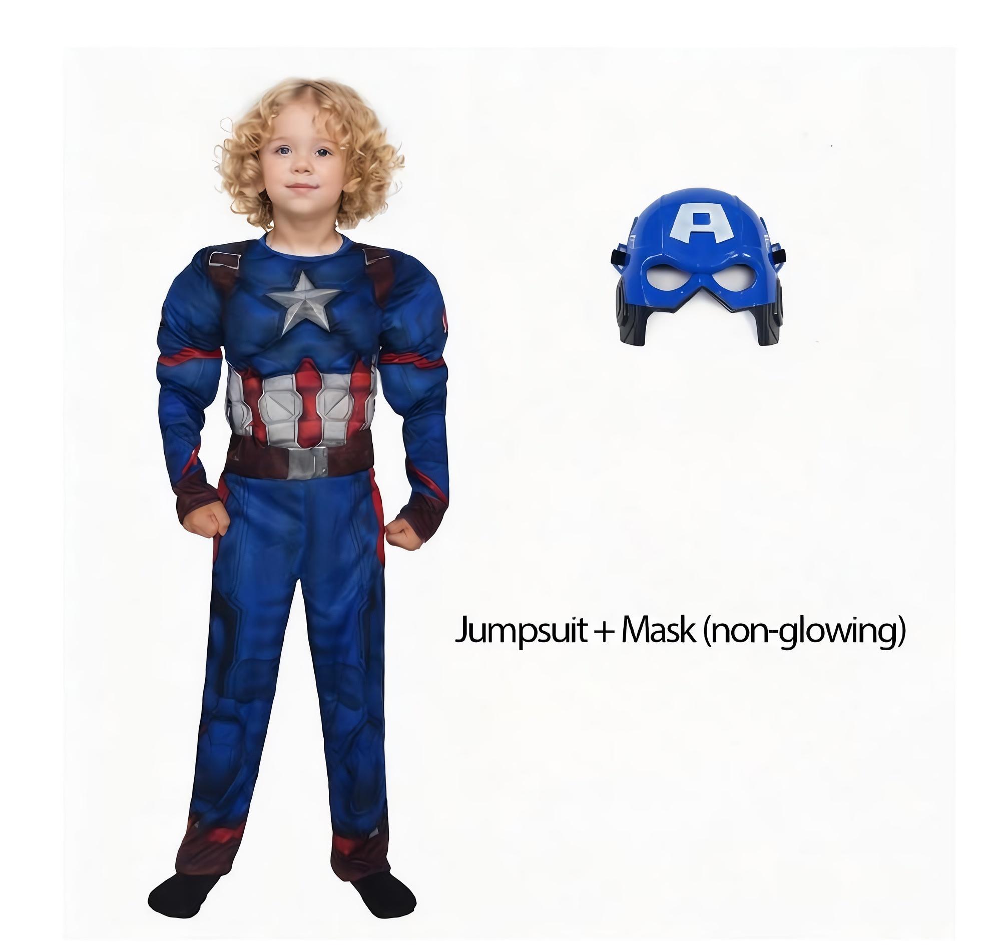 Kids Captain America Muscle Costume Superhero America Captain Cosplay Jumpsuit Shield Halloween Carnival Party Costume for Boys XS(95-105cm)