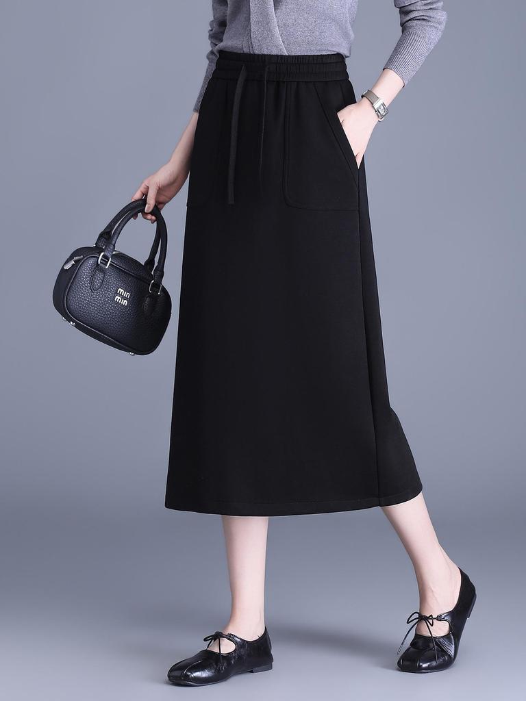 Slimming Draped Black Midi Skirt - Spring/Summer 2026 Collection, Elastic Waist, Casual Fit