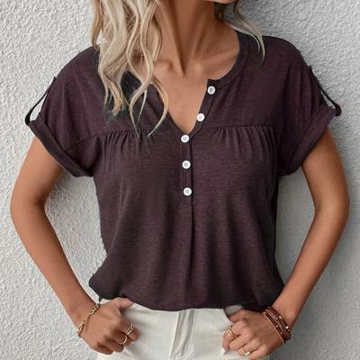Ladies V Neck T Shirt Summer Solid Color Short Sleeve Pullover Button Top