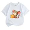 Kids Boys Girls 100% Cotton Crew Neck Short Sleeve T-Shirt, Cute Happy Mouse Holding Cheese Cartoon Print Casual Soft Breathable Summer Tee for Little