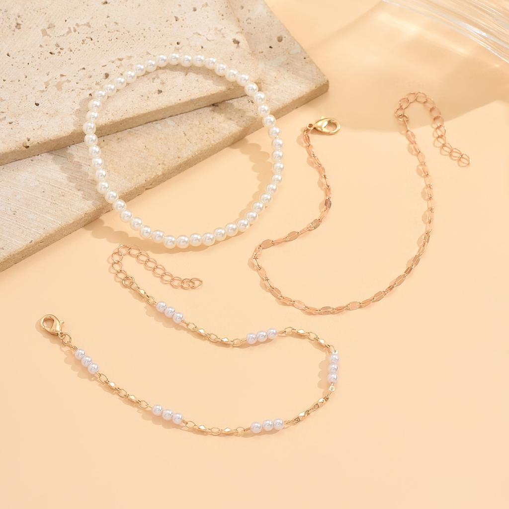 3PCS Layered Stackable Imitate Pearl Anklet Set Gold Dainty Minimalist Boho Summer Beach Vacation Jewelry for Women