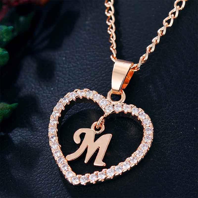 Heart Letters 26 Love Crystal Women Silver Plated Chain Jewelry Necklace
