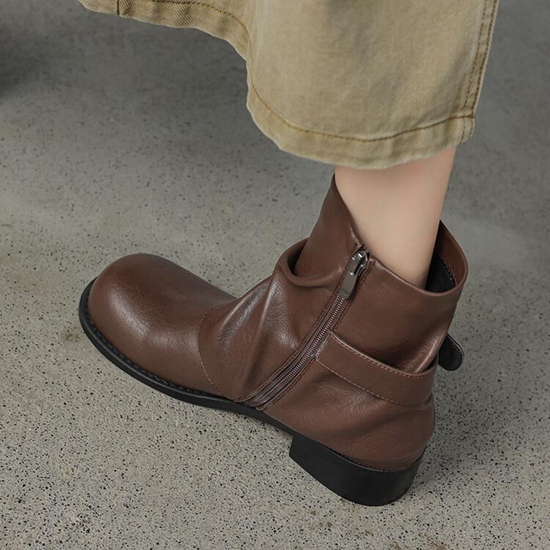 Fashion NEW Autumn Women Boots Split Leather Shoes for Women Round Toe Chunky Heel Shoes Zipper Short Pants Boots Buckle Modern Boots