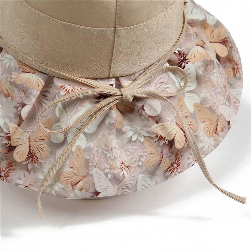 Summer Travel Big Brimmed Fisherman Hat, Women's Printed Bow Sun Hat Face Covering Beach Hat Sun Hat UV Protection