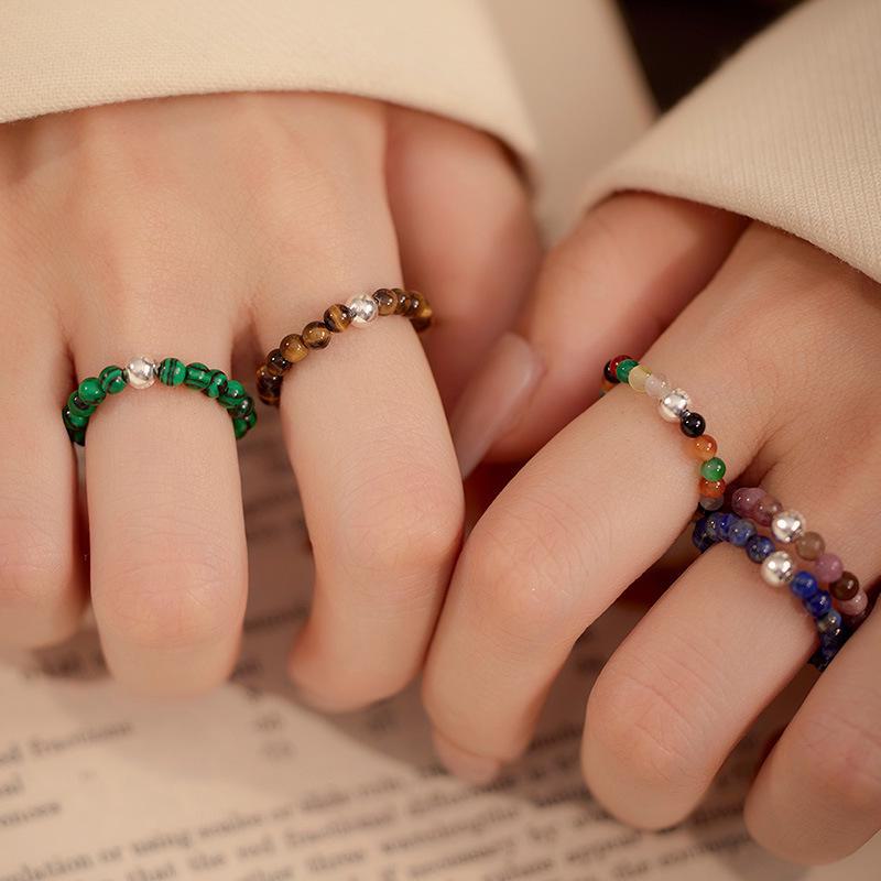Banyan Tree S925 Silver Women's Stacking Ring with Tourmaline, Agate, Crystal, and Beaded Blue Pine.