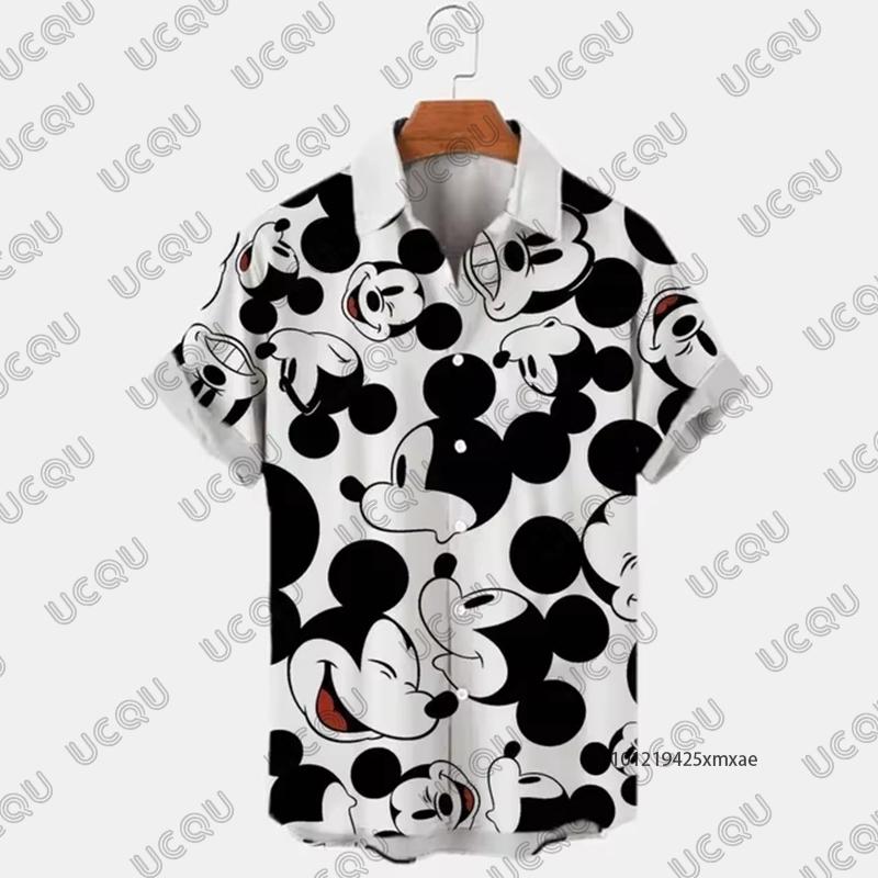 

2026 Disney Mickey Mouse Cartoon Print Summer Hawaii Men s Lapel Short Sleeve Shirt Casual Beach Vacation Oversize Adult Top M