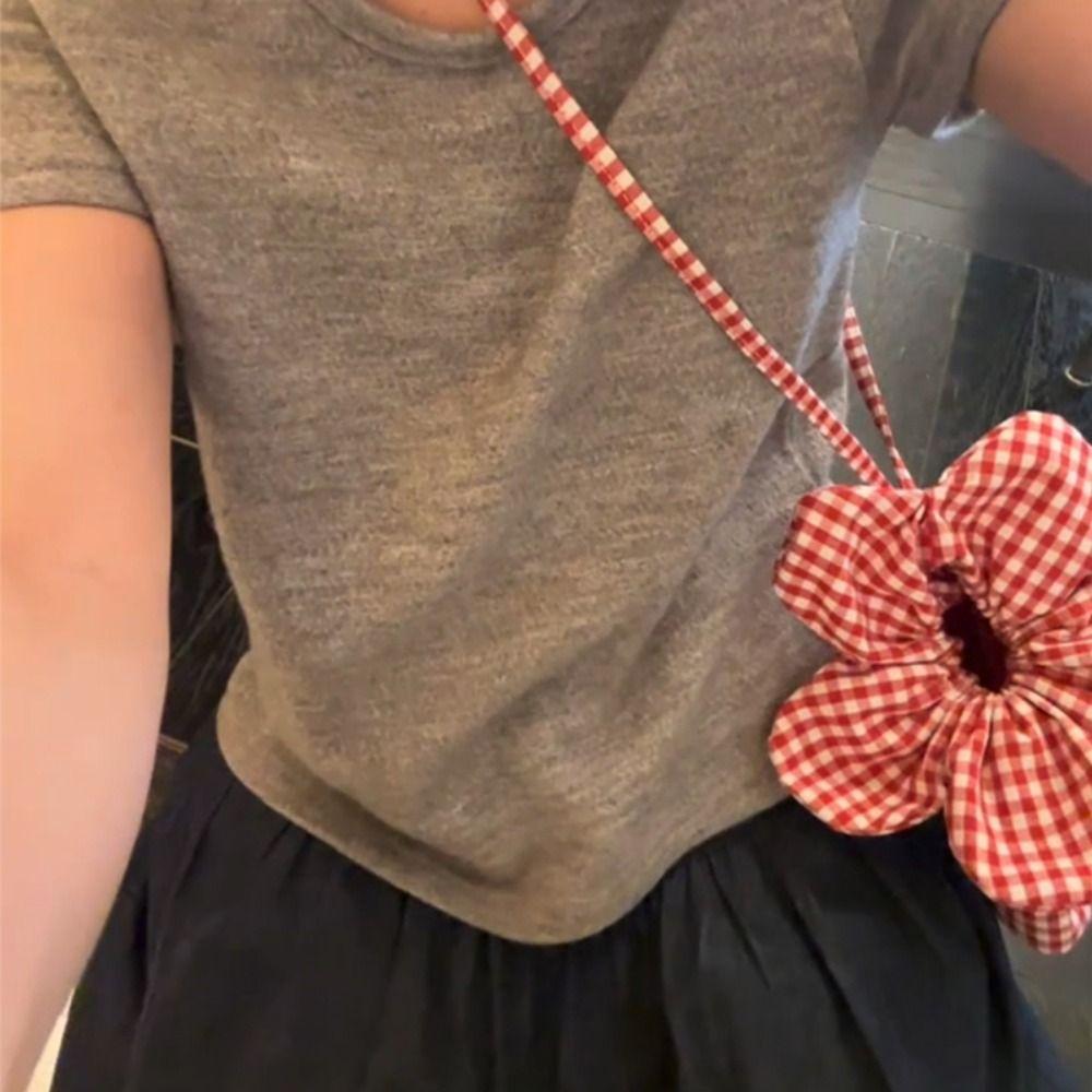 Printing Flower Handbag Korean Style Small Crossbody Bag Lightweight Plaid Drawstring Bag  Women