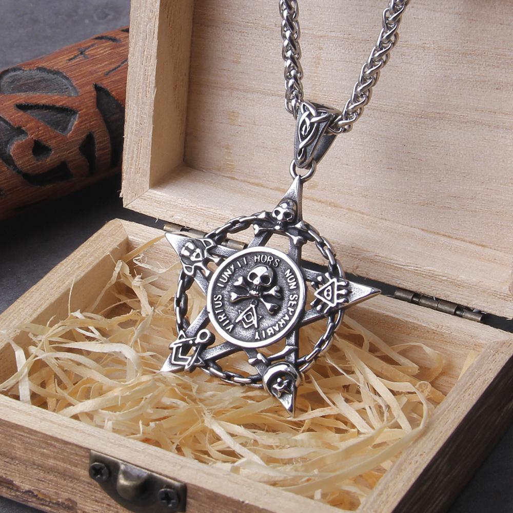 Satan Skull Necklace Stainless Steel Punk Gothic Jewelry with Wooden Box Gift for Men Women