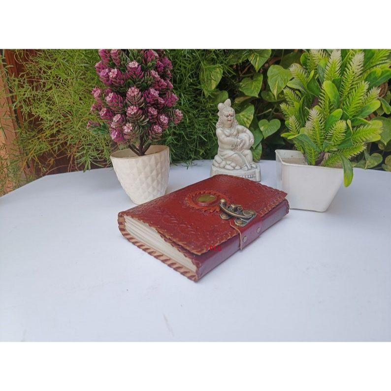 Handmade Leather Journal Notebook with Stone Antique Lock 200 Plain Pages  Red Brown Sketchbook for Artists Gifts for Her Him