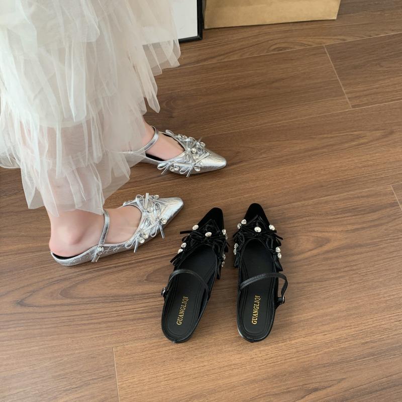 Women's Butterfly Knot Head Cover Half Slippers Crystal Embellished Flat Shoes Outdoor Wear Spring Summer Silver Color