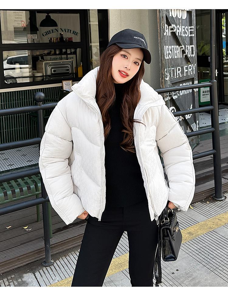 Women’s Short Stand Collar Houndstooth Windproof Thicken Warm Winter Jacket