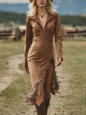 Robe Bohème Western Cowboy Style Franges en Fausse Suède Coupe Slim Manches Longues