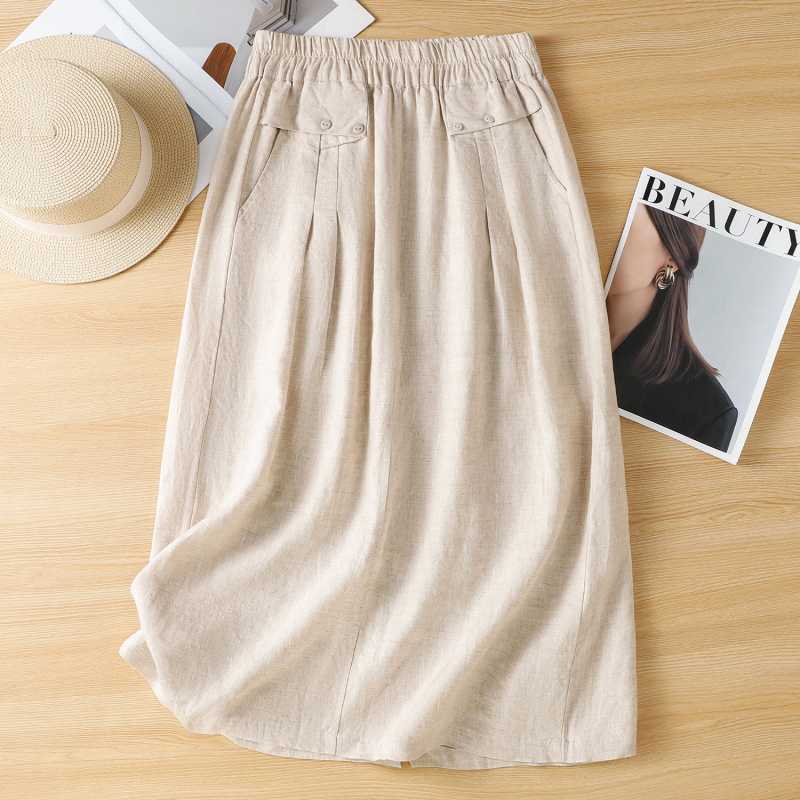 Women s Linen Blend High Waist A-Line Midi Skirt with Pockets M