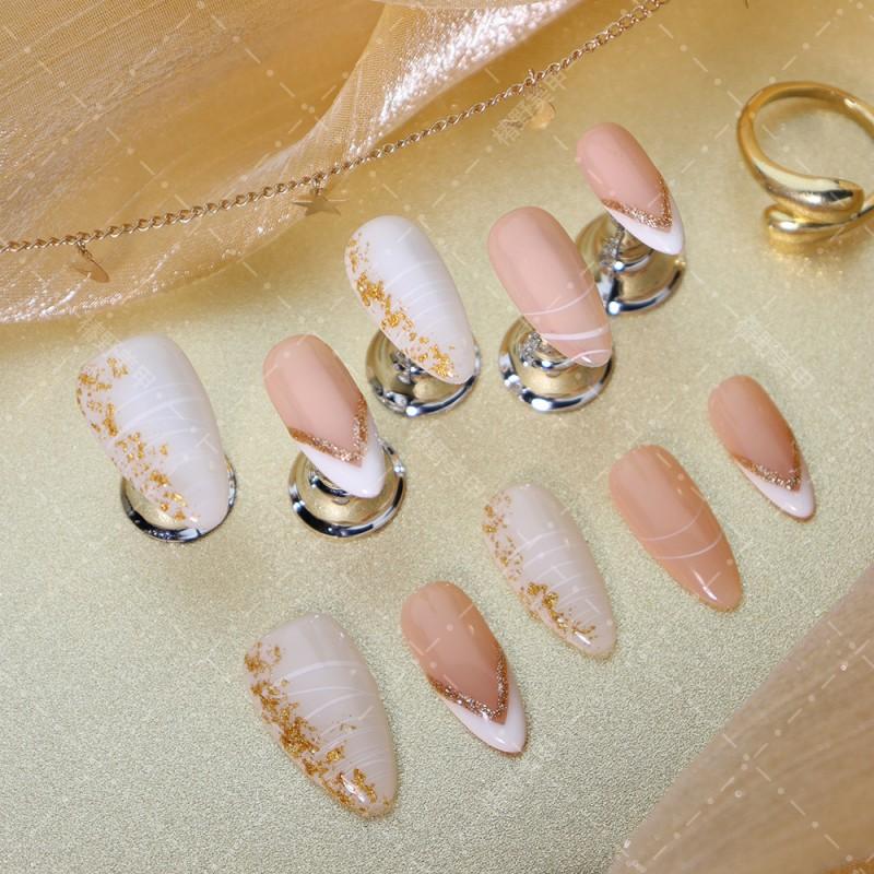 Handmade Press-On Nails French Almond Shape With Gold Line Detailing Nude A1093 Thin Invisible Edge