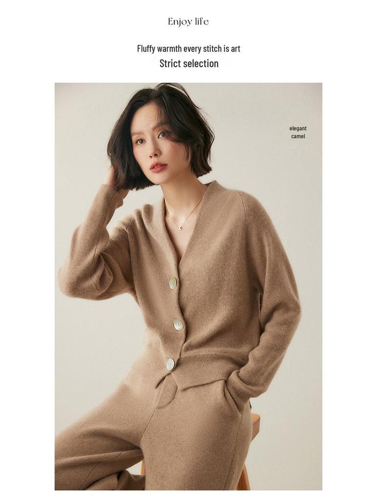 Women's V-Neck Cashmere Cardigan with Shell Buttons - Waist-Cinching, Long-Sleeve Knit Sweater