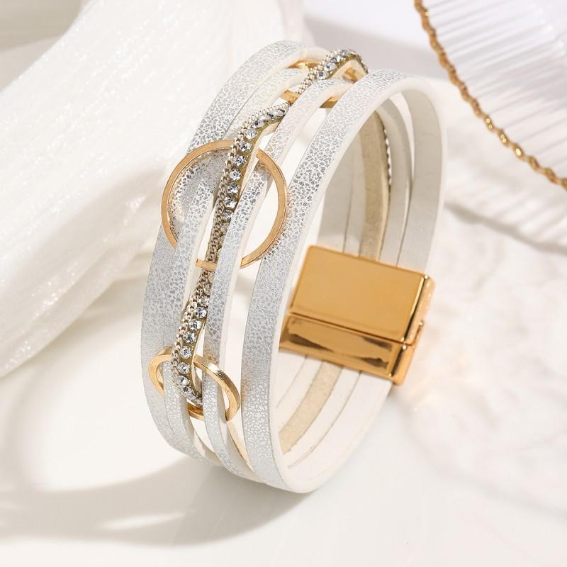 Boho Style Layered Circle PU Leather Bracelet With Alloy Chain Rhinestone Accents Women