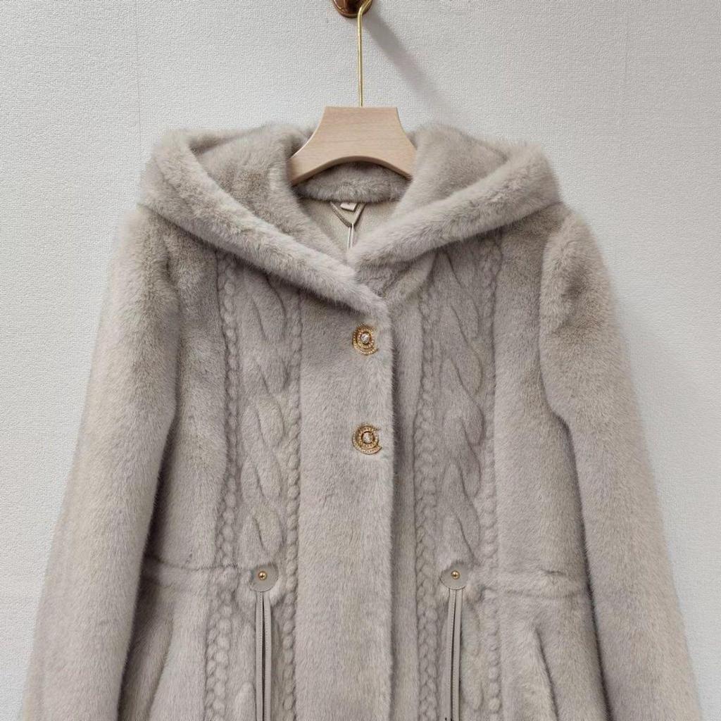 Mink Fur Hooded Mid-Length Winter Coat for Women