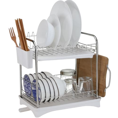 Dish Dryer/Drainer, 2-Tier, Large Capacity, Over-the-Sink Drainer with Automatic Drainage, Stainless Steel, Slim Design, Holds Plates, Chopsticks, Pot