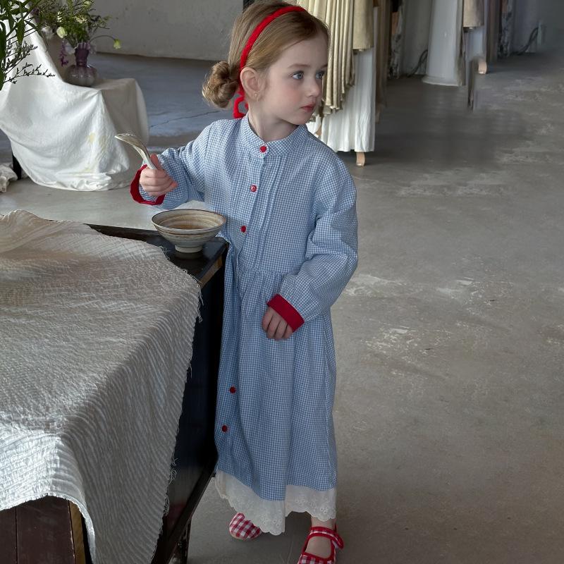 2025 Spring Korean Retro Plaid Knee-Length Dress with Buttons for Girls