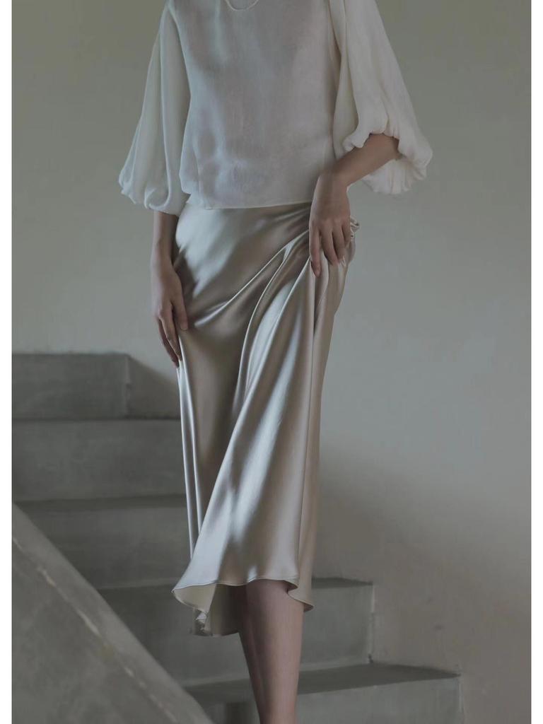 Comfort Memory Imported Acetate Satin A-Line Skirt with Silky Drape and Slimming Elastic Waist