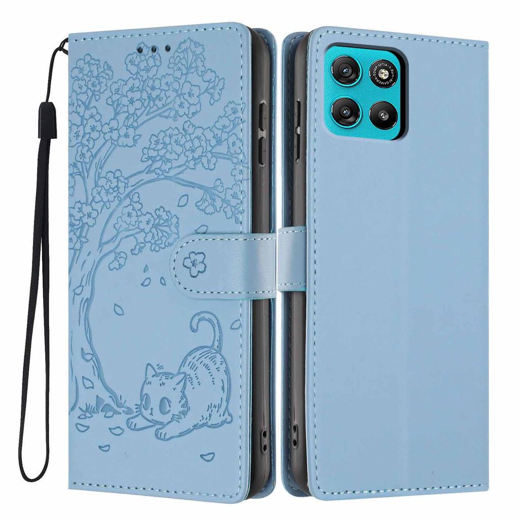 For Motorola Moto G67 Power 5G/G57 Power 5G Stand Case Tree-and-Cat Pattern PU Leather Wallet Protective Phone Cover with Wrist Strap