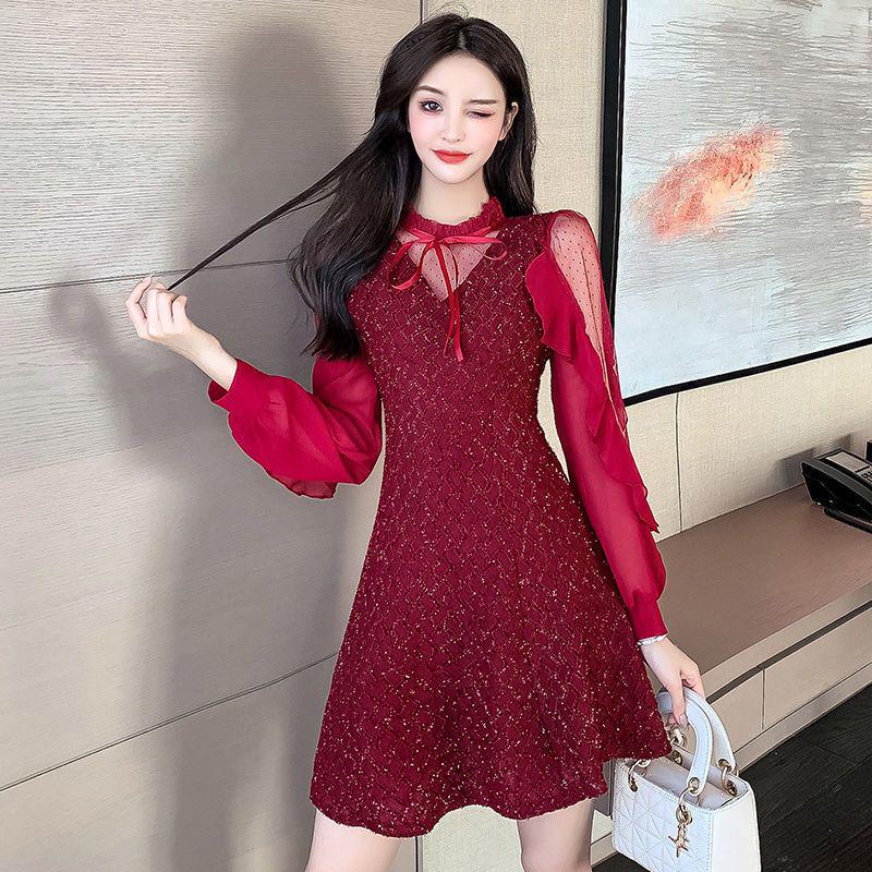 2026 Spring Women's Elegant A-line Polka Dot Long-Sleeved Dress with Mesh Patchwork and Lace-up Details