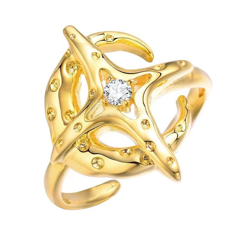 Korean Style Four-Pointed Star Moon Adjustable Ring - Gold & Silver Luxury Jewelry Open Adjustable