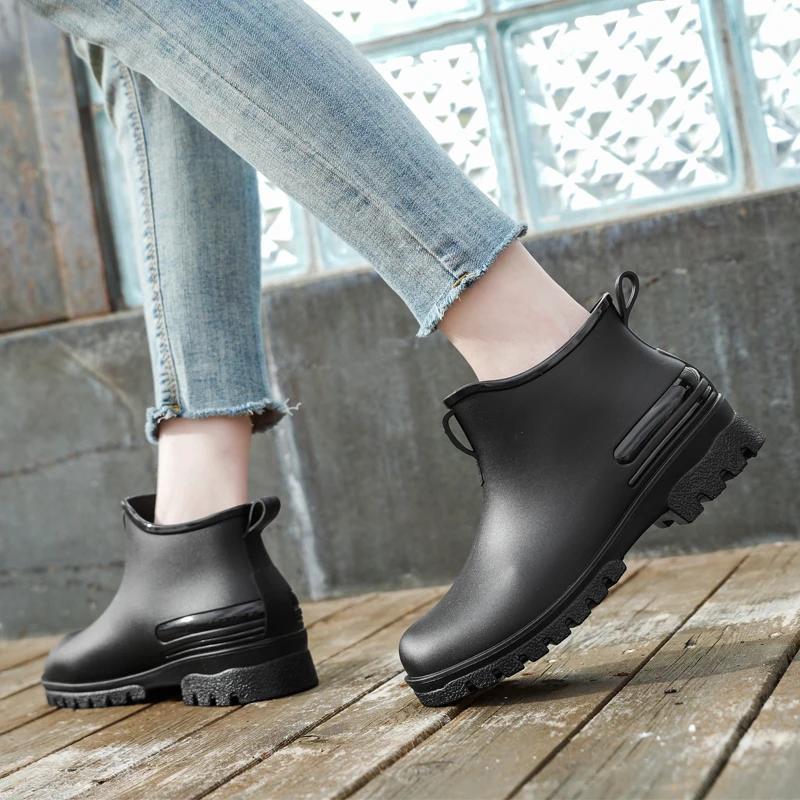 Fashion Low Cut Anti Slip Women's Rain Boots PVC Black Waterproof Rain Boots Short Tube Garden Shoes Fashionable Water Shoes for Women