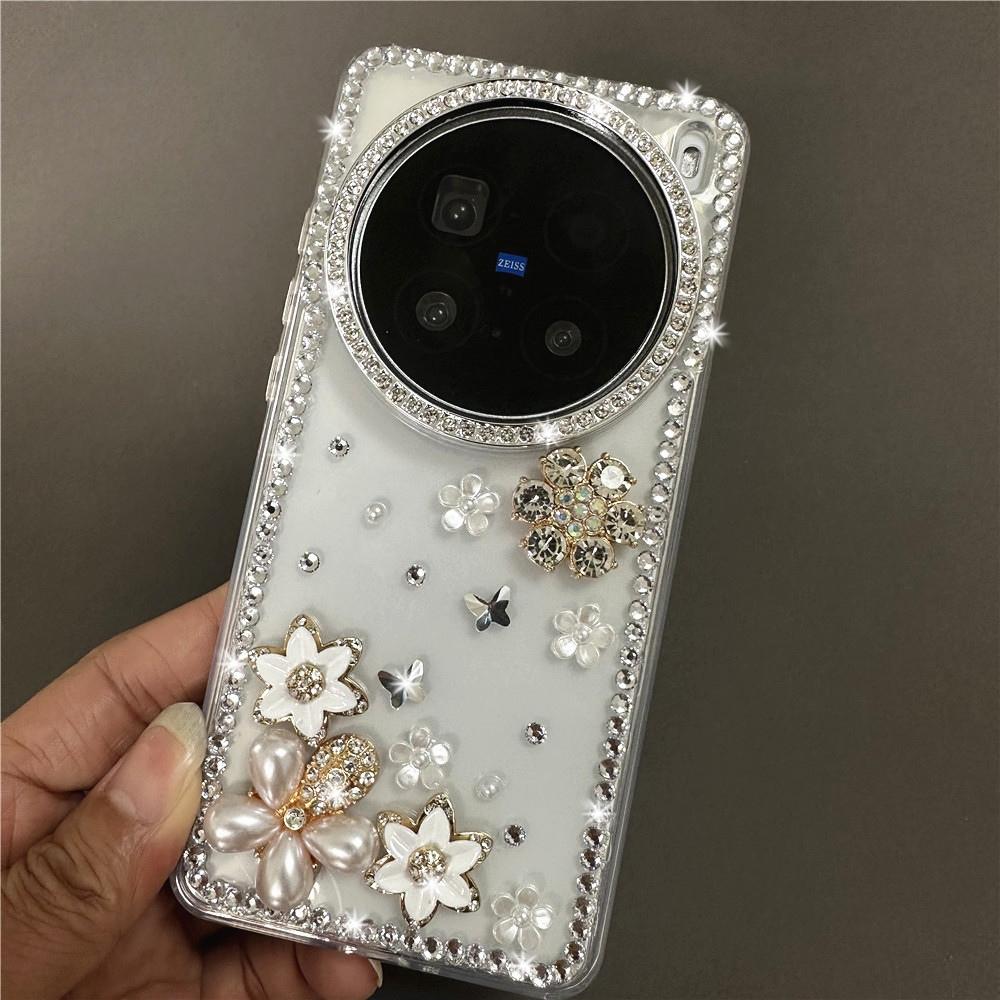 Glitter Bling Silver Diamond Case For OPPO Find X9 Pro X7 X8 Ultra X8s Pro X7 Pro Luxury Rhinestone Flower Clear Acrylic Cover