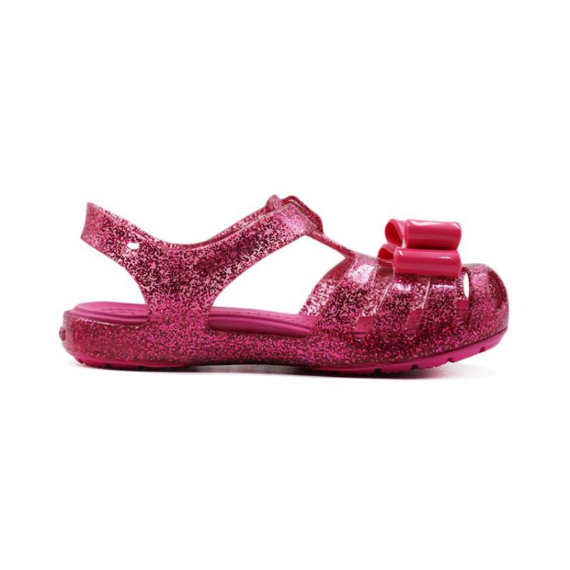Crocs Isabella Bow Velcro Simple Casual Shiny Hole Sandals Candy Pink Kids