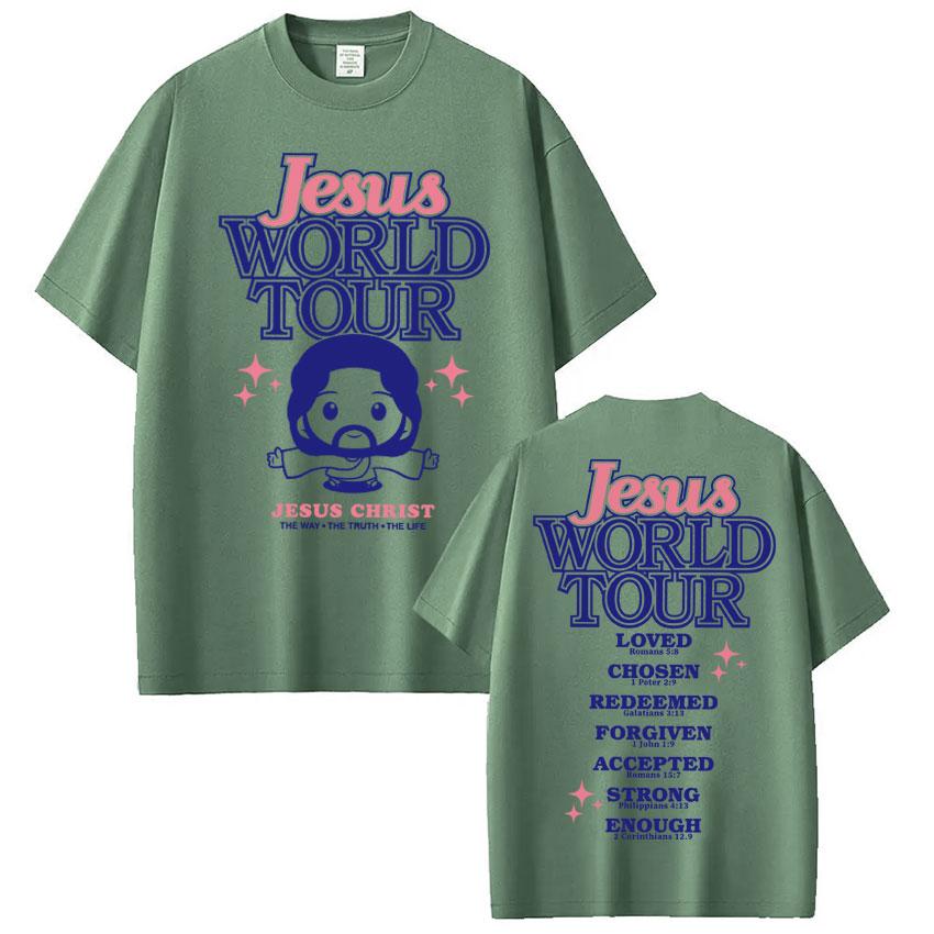 Funny Jesus World Tour Print T Shirt Men Women Fashion Christian Bible Verse Tshirts Oversized 100 Cotton Casual Short Sleeve