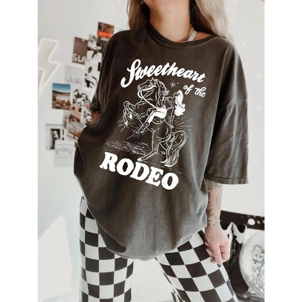 Camiseta Gráfica Vintage Fashion Whiskey Kills Cowgirl Feminina Casual Gola Redonda Malha Estampada Com Letras Comprimento Regular