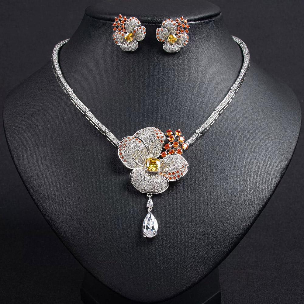 

Cubic Zircon Crystal White Flower Women Choker Necklace and Earrings Bridal Jewelry Set for Wedding Dress Accessories S-338 resizable&42cm