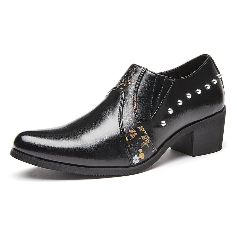Retro High-heeled Pointed Leather Shoes Men's Large-size Business Dress Casual Shoes European and American Fashion Rivets Cuban Shoes Men
