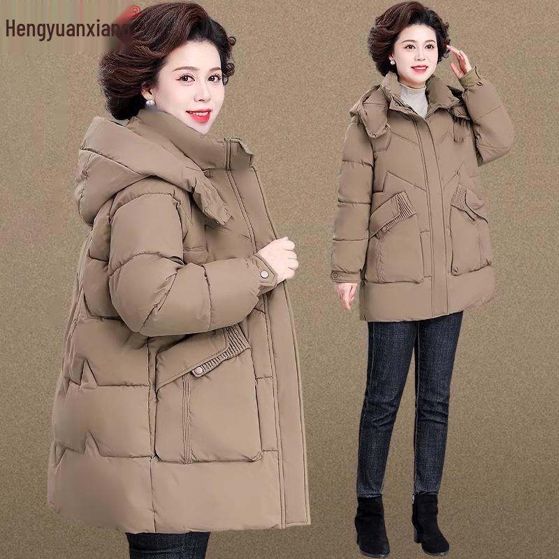 

Зимнее пальто средней длины Hengyuanxiang для женщин среднего и пожилого возраста - хлопковая пуховая куртка большого размера 2XL хаки