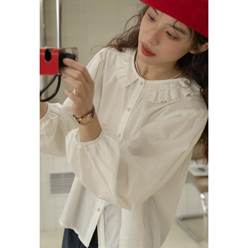 Johnature Codzienna Bluzka Damska z Kołnierzykiem w Kształcie Płatka, Vintage, Wewnętrzna, Biała, Długi Rękaw, Jednolity Kolor, Luźna