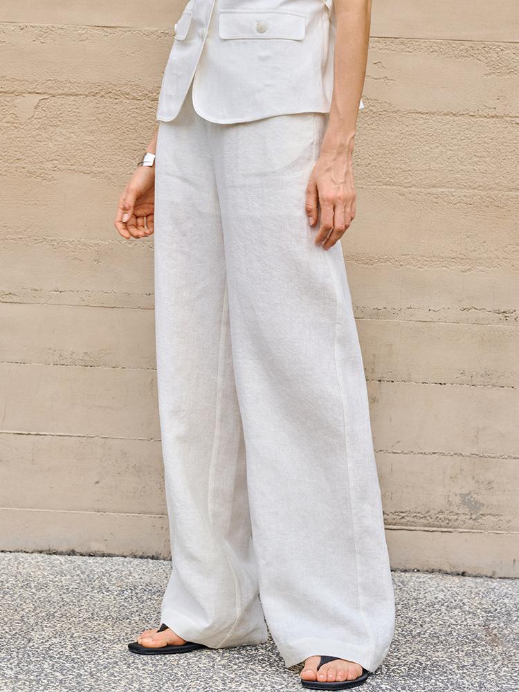 100% linen loose straight-leg pants commuter old money texture long pants spring and summer women s high waist fashionable linen casual pants S