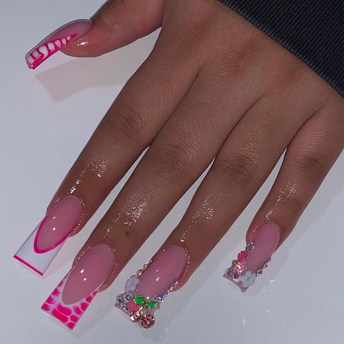 

French Duckbill Shape Wear-On Nails with Crushed Diamond Cherry Design